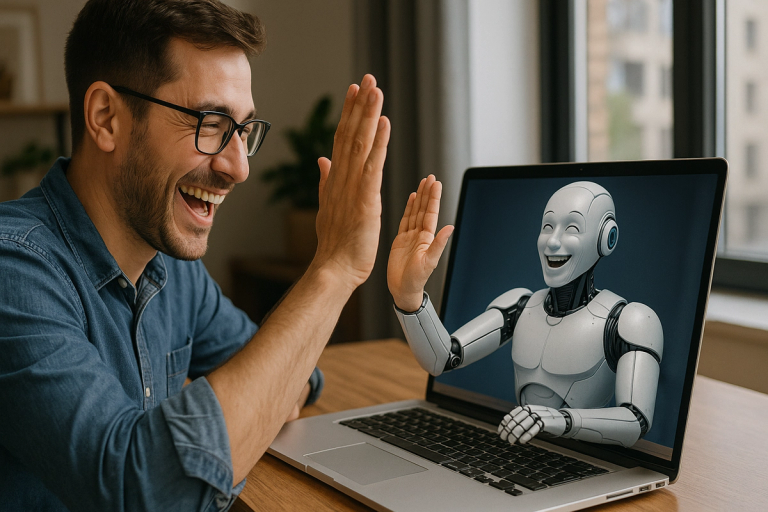 AI-generert bilde av en mann som gir high five til en robot