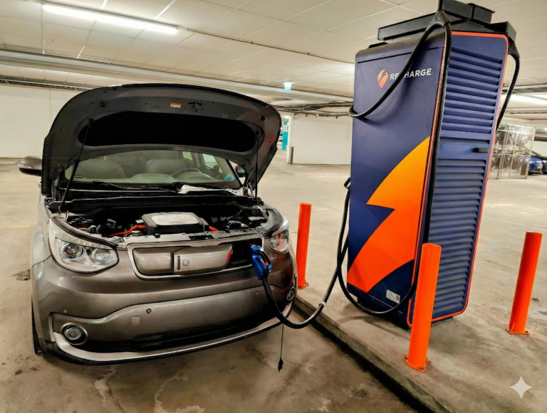 Kia Soul EV med panseret åpnet står og lader ved en hurtiglader
