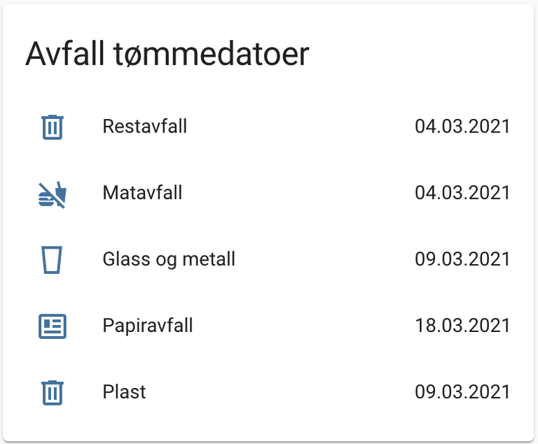 Avfallskort i Home Assistant