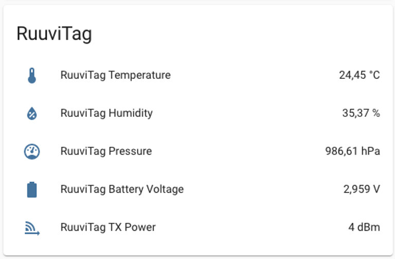 Eksempel på RuuviTag-kort i Home Assistant