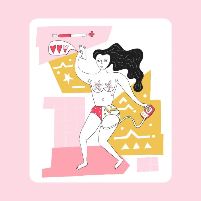 Illustration of woman with pelvic floor gadgets, by Catherine Pearson
