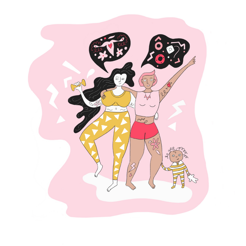 Two women and a child celebrate. Thought bubbles show pessaries and female reproductive system.