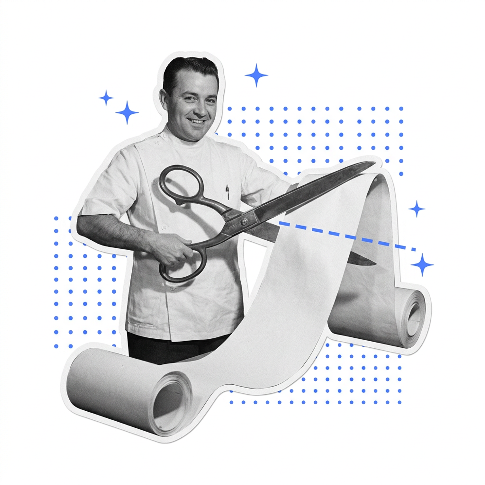 A barber with giant scissors about to cut a long bill