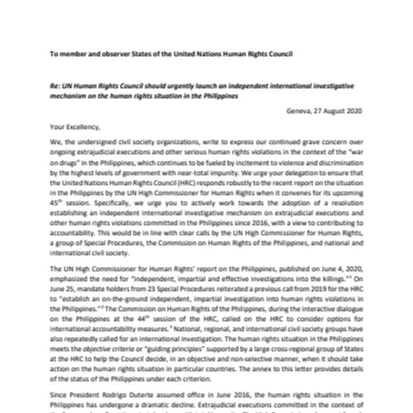 Human Rights Council should act on Philippines - Civil society letter ...