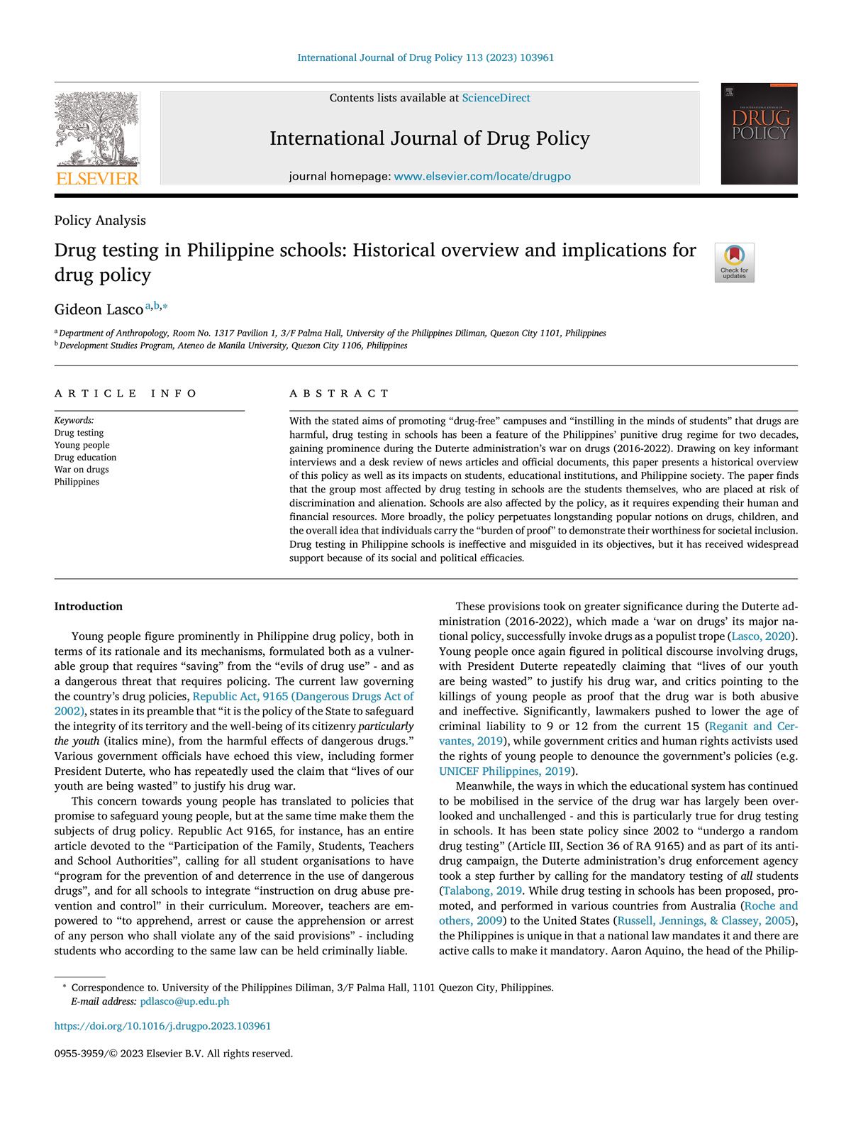 Drug testing in Philippine schools: Historical overview and implications for drug policy