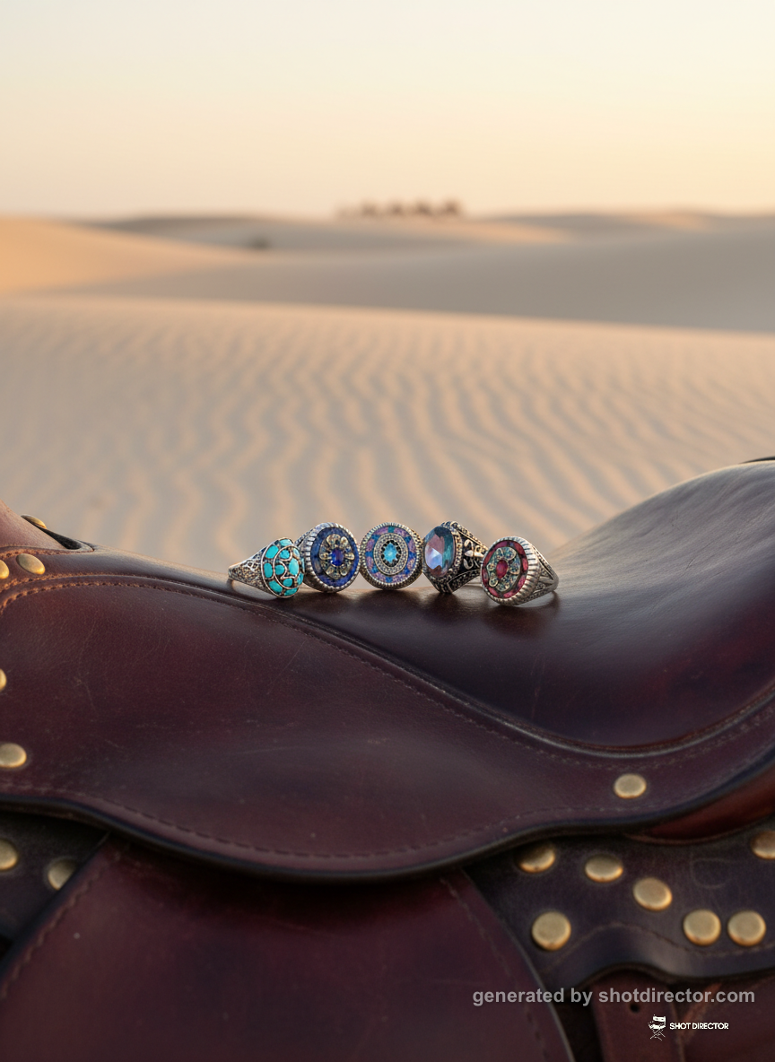 Rings placed on a dark burgundy leather saddle wit