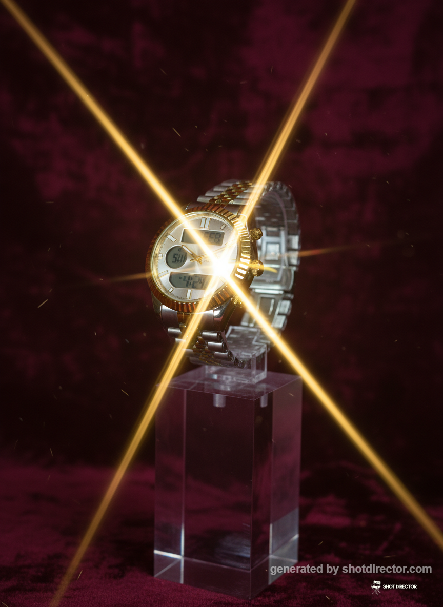 The watch positioned dynamically against a deep bu