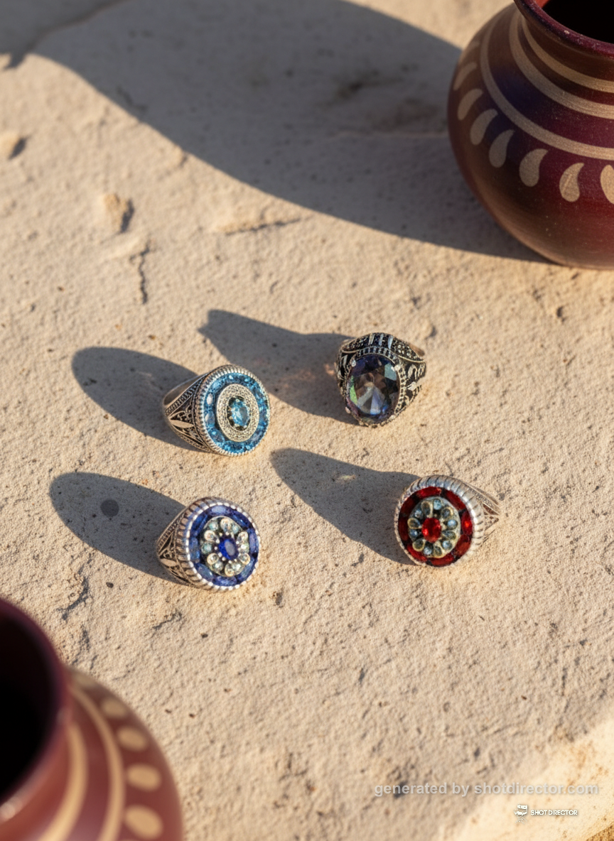 An overhead shot of the rings artfully scattered o