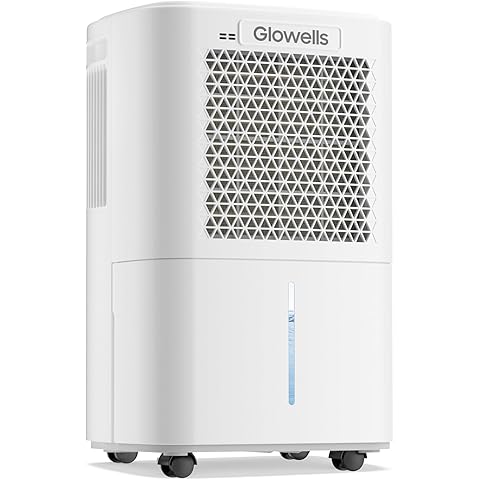 White Glowells brand portable dehumidifier with a front triangular patterned air intake grill and a vertical water level indicator, mounted on caster wheels.