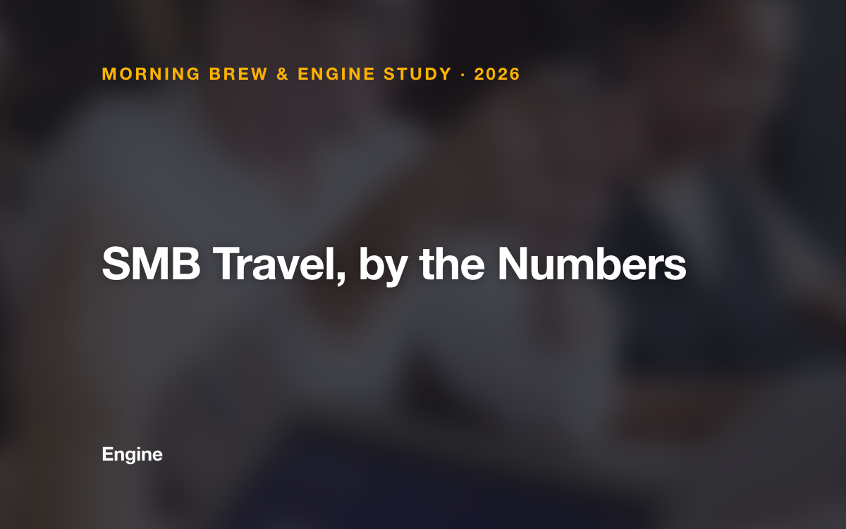 A blurred photo of coworkers collaborating around a laptop, darkened with an orange kicker reading "Morning Brew & Engine Study, 2026" above the white title "SMB Travel, by the Numbers"
