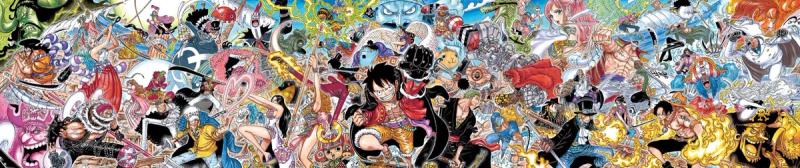 One Piece manga artwork showing a huge crowd of characters in color