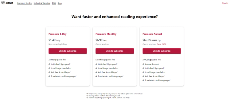 ismanga.com's pricing page showcasing premium plans for 1 day, monthly, and yearly subscriptions.