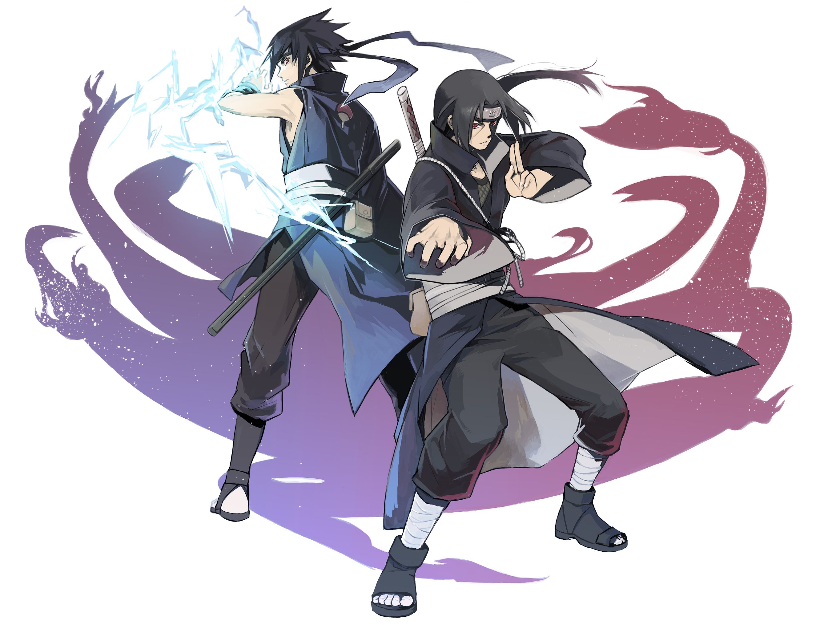 Two anime characters, Sasuke Uchiha and Itachi, engage in a sword fight while a dragon lurks nearby.