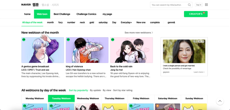 The home page of Naver Webtoon website where manga fans can read manga raws online.