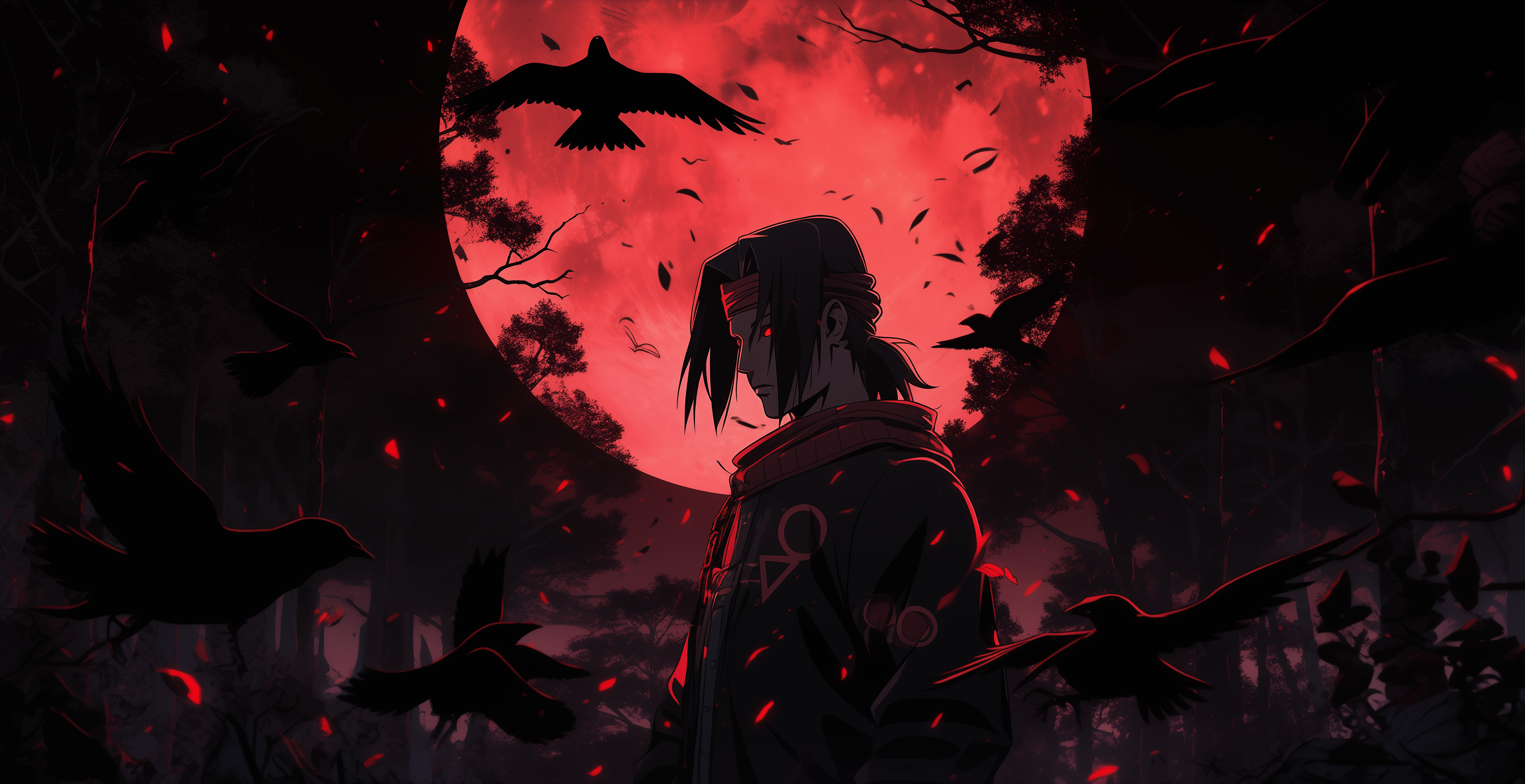 Itachi Uchiha from Naruto: a young ninja with black hair and red eyes, wearing a black cloak with red clouds.