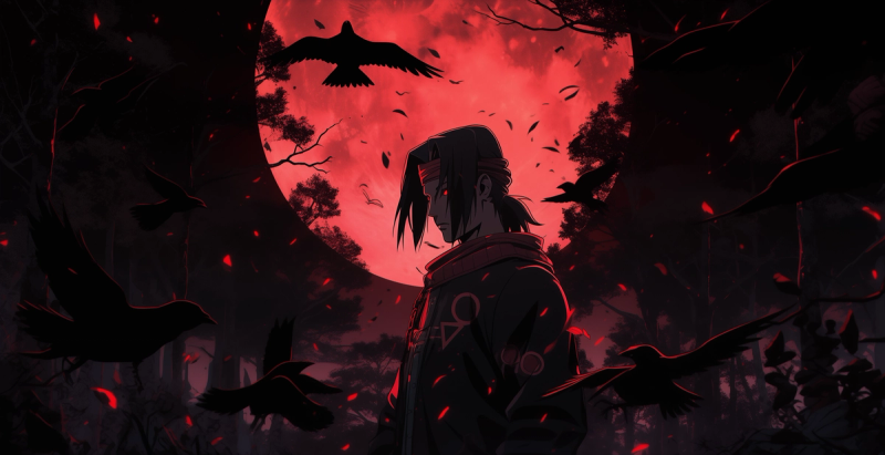 Itachi Uchiha from Naruto: a young ninja with black hair and red eyes, wearing a black cloak with red clouds.