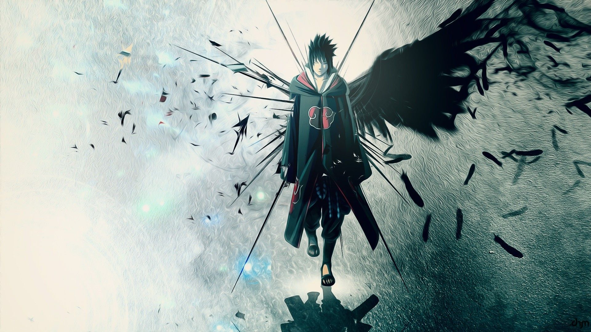 A captivating anime wallpaper featuring Sasuke Uchiha, the embodiment of vengeance, wielding a sword with majestic wings.