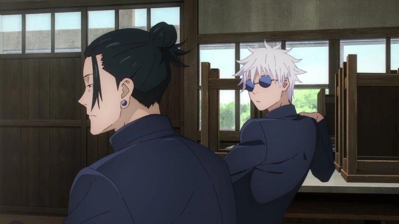 A scene showing Gojo Jujutsu Kaisen talking to his friend.