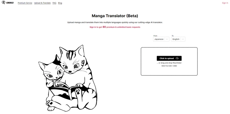 A cat engrossed in a book on a computer screen. Exciting new feature for ismanga.com, a manga translation site.