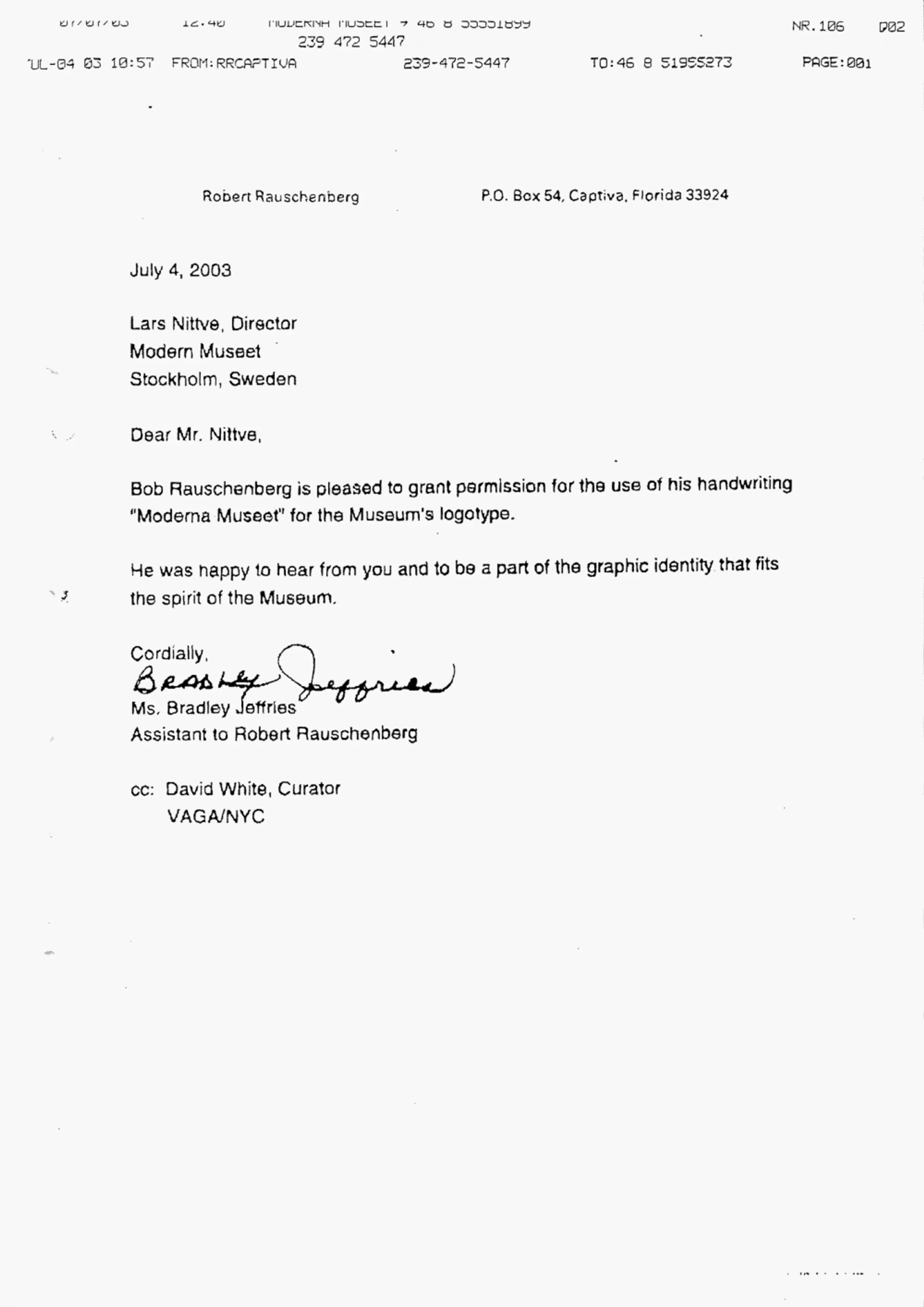 Letter of approval from Robert Rauschenberg
