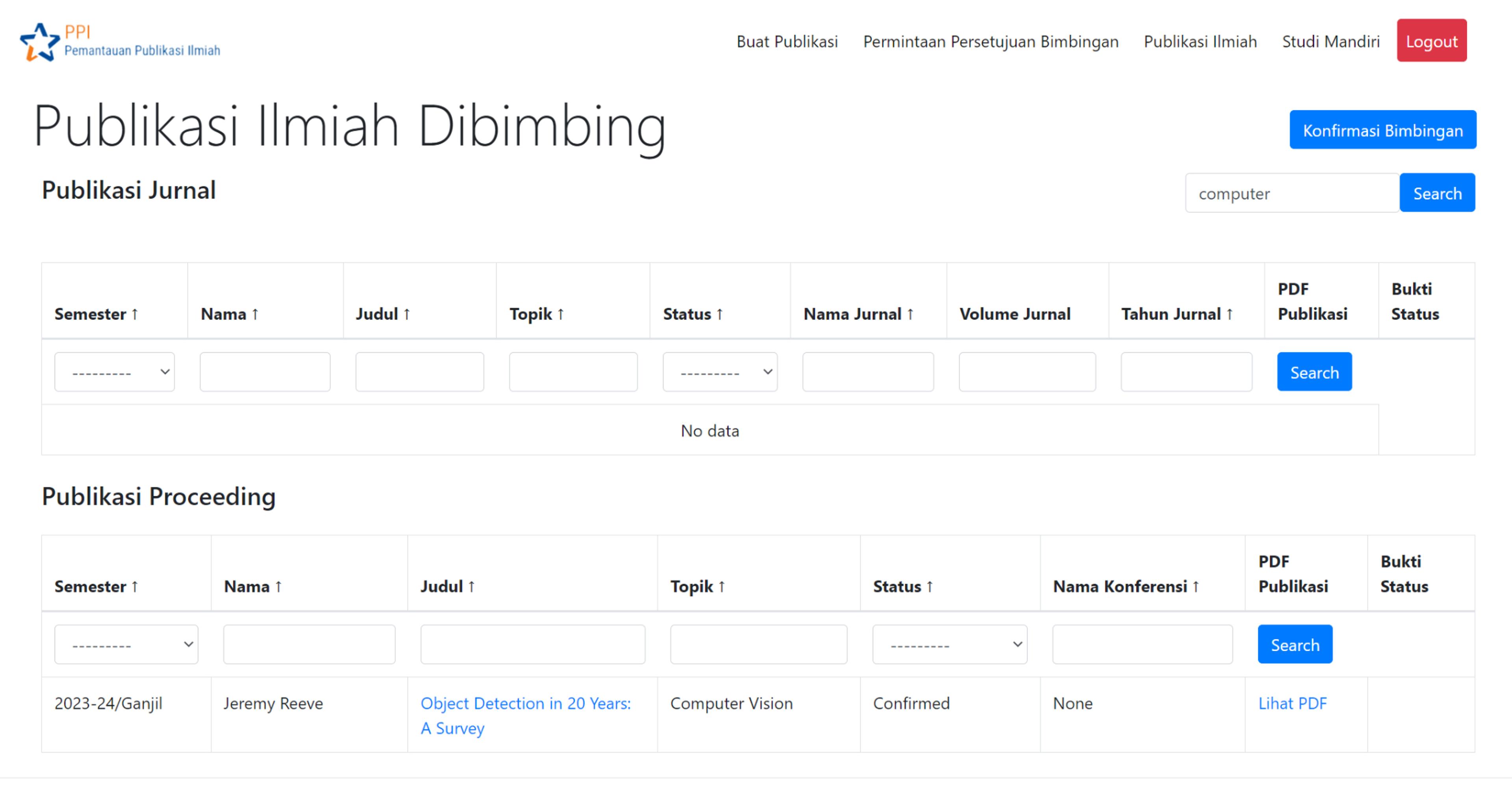 Search and Filter for Documents in Pemantauan Publikasi Ilmiah