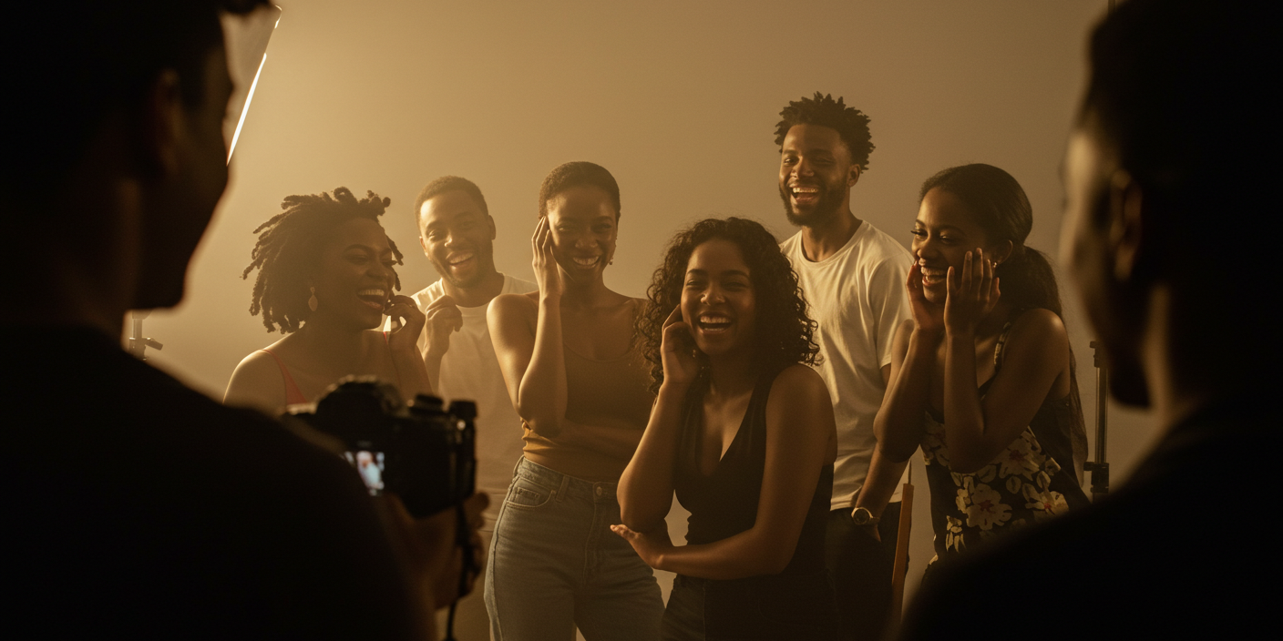 A warm, inviting portrait photography scene showing a diverse group of people laughing and posing naturally in soft golden hour lighting.