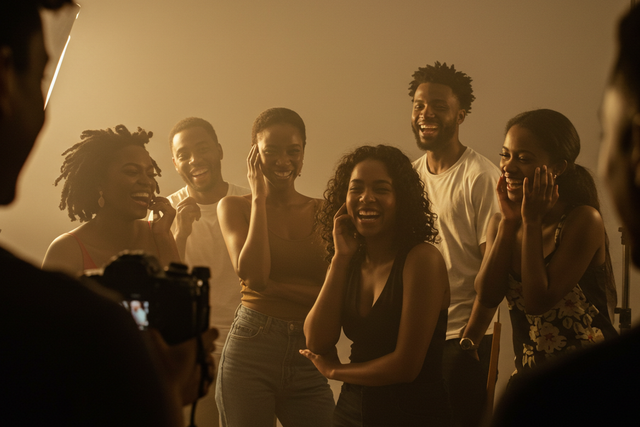A warm, inviting portrait photography scene showing a diverse group of people laughing and posing naturally in soft golden hour lighting.