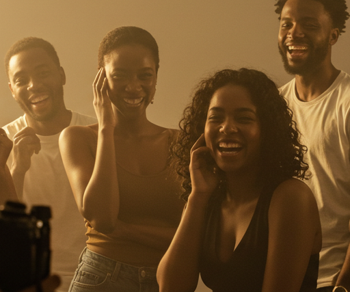 A warm, inviting portrait photography scene showing a diverse group of people laughing and posing naturally in soft golden hour lighting.