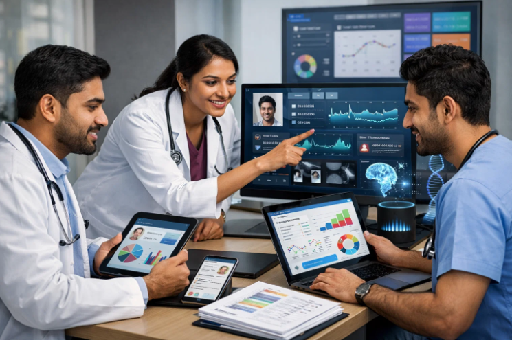 A team of doctors is collaborating using digital dashboards and devices to analyze patient health data and make informed medical decisions.