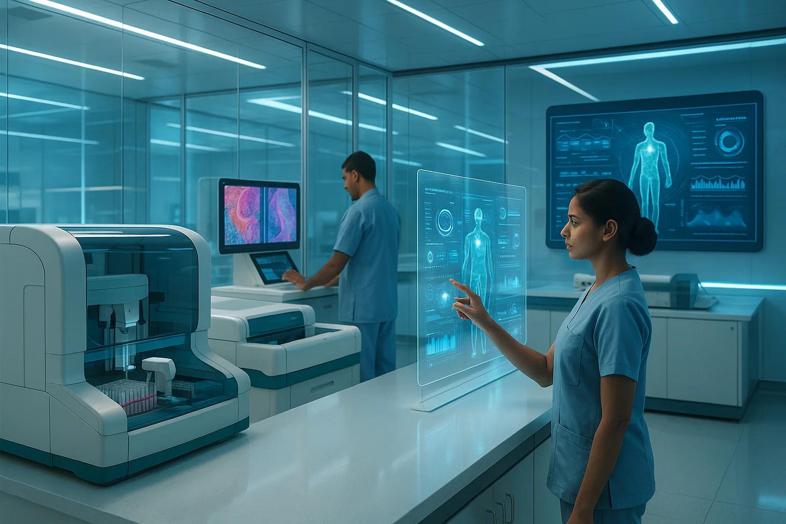 A woman working at a computer in a lab, with a man visible in the background.