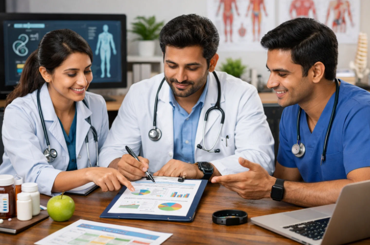 Three doctors are reviewing medical charts together, discussing data to plan patient care decisions.