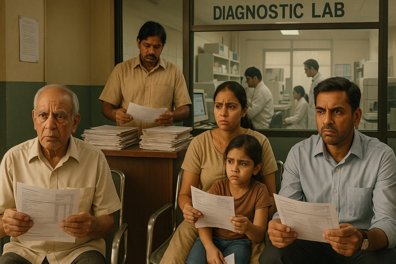 A family gathered waiting and frustrated outside a lab, with a woman holding a child and reports spread out on a table nearby.