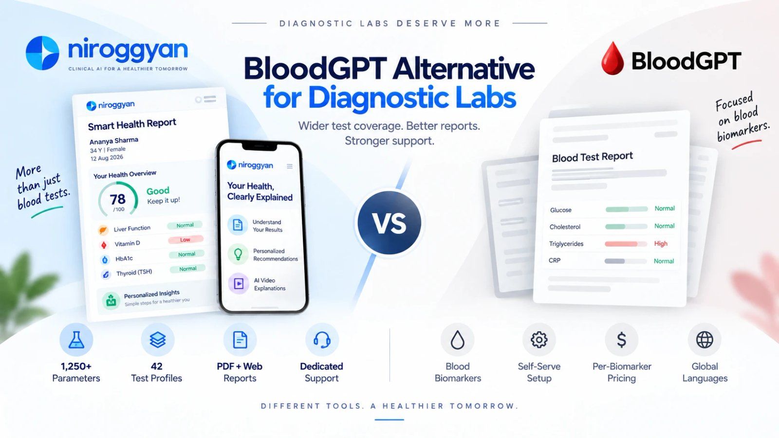 NirogGyan vs BloodGPT for diagnostic labs: NirogGyan Smart Report with 1,250+ parameters, 42 test profiles, PDF and web reports and dedicated support, compared with BloodGPT's blood-biomarker-focused reports, self-serve setup, per-biomarker pricing and global languages