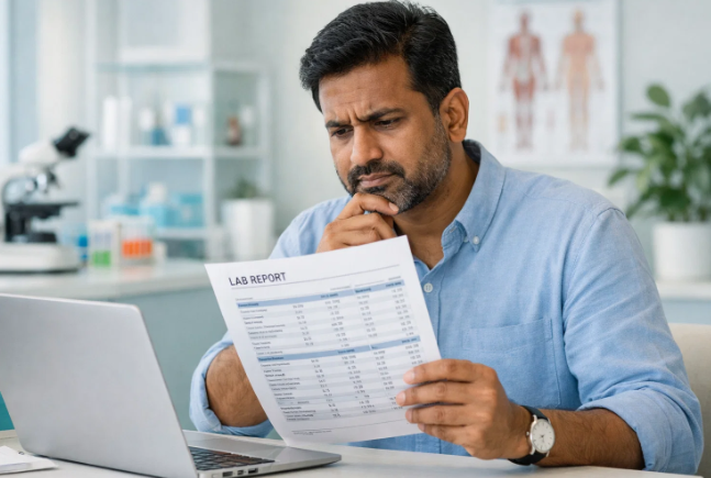 The picture shows that the patient is tring hard to understand the traditional lab report.