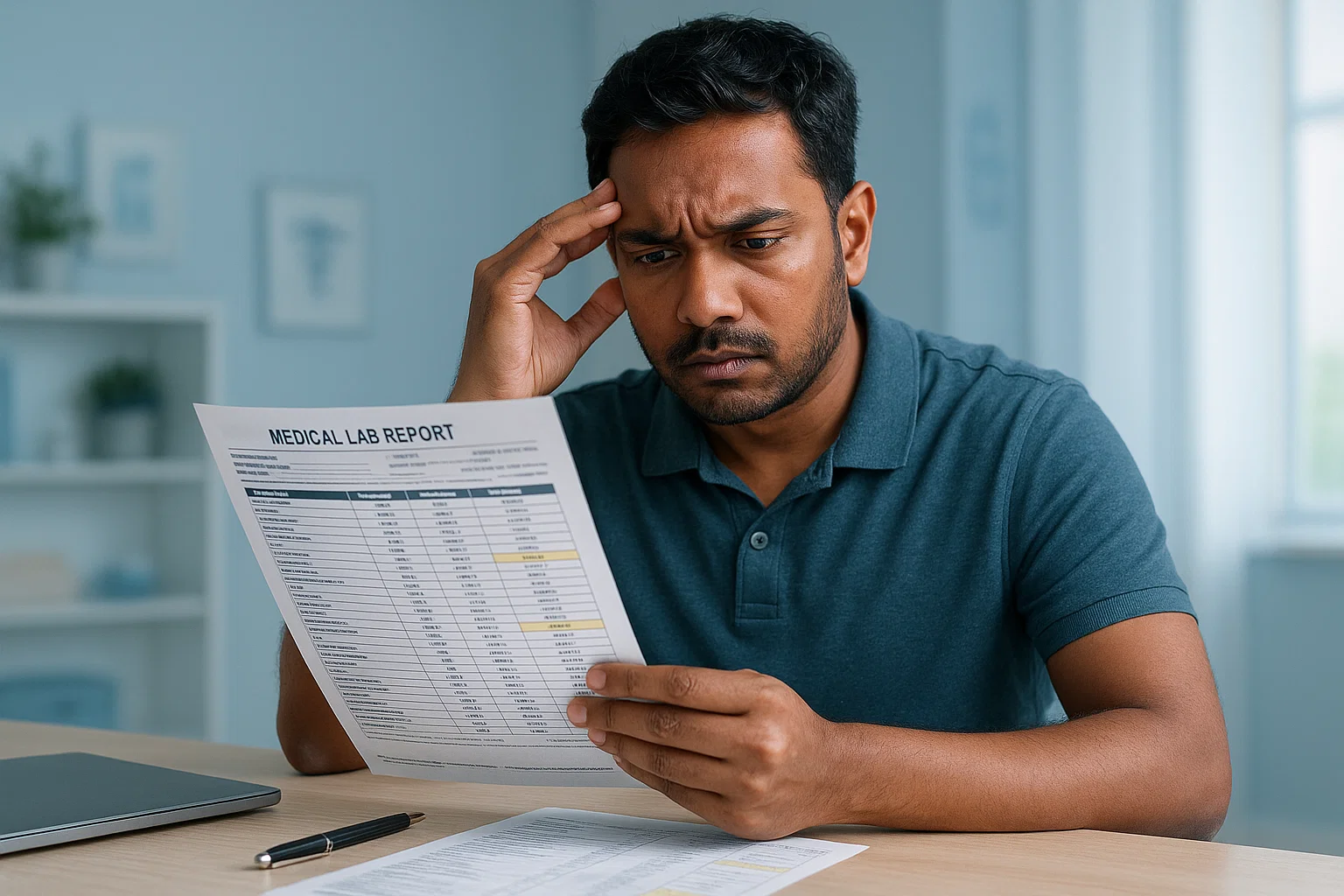 Man examining a medical report with a focused expression, highlighting concern or interest in his health information.