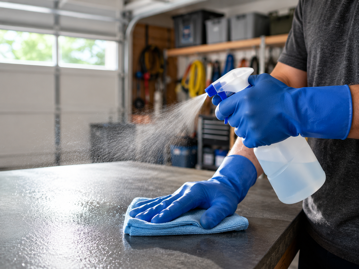 Close-up of hands in protective gloves spraying a surface to demonstrate safe cleaning practices in a rodent-prone area.
