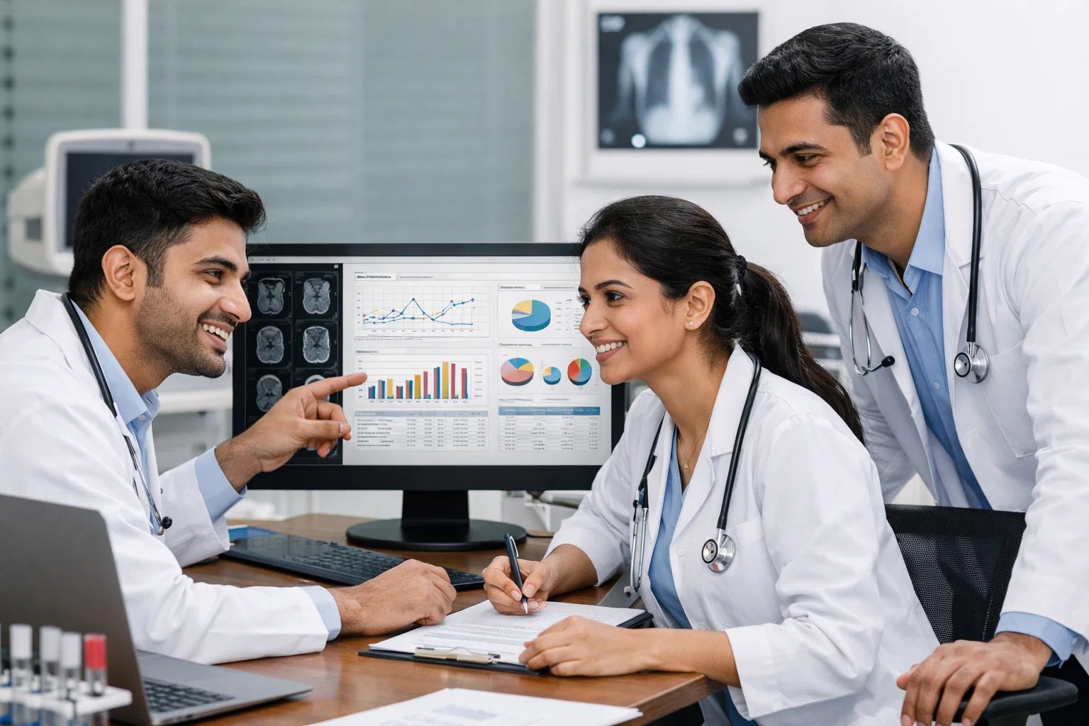 Doctors are analyzing automated reports on a digital dashboard, using visual data to make faster and informed decisions. This represents how report automation improves efficiency, collaboration, and real-time insights in healthcare settings.