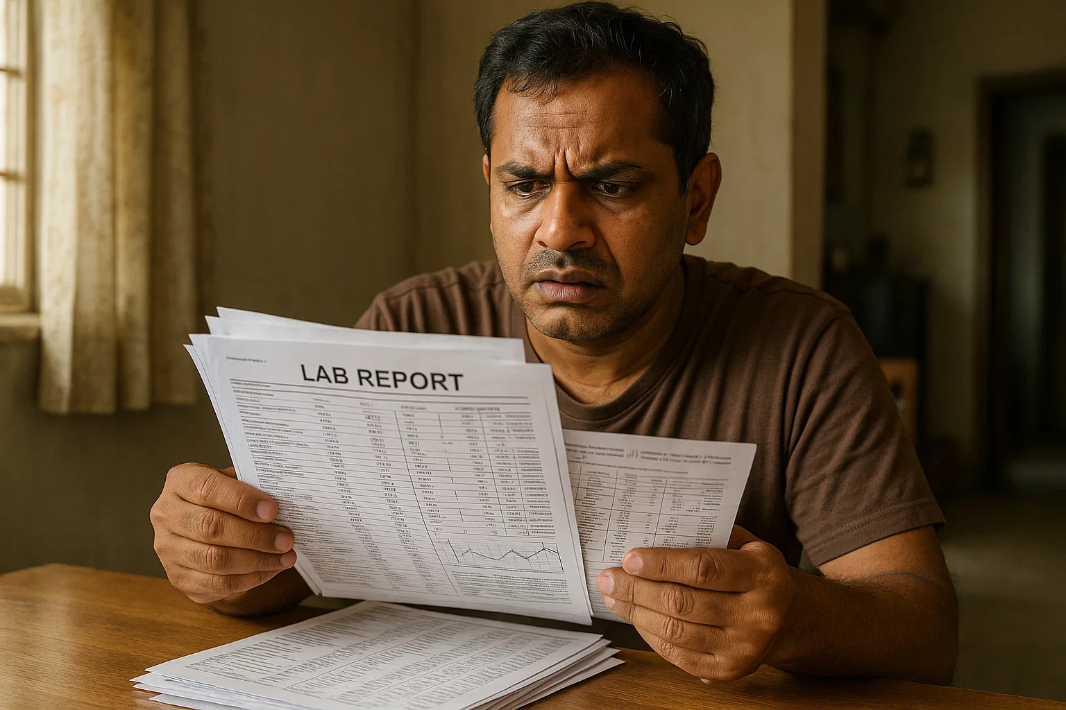 Man examining a lab report, focused on the document in a professional setting.