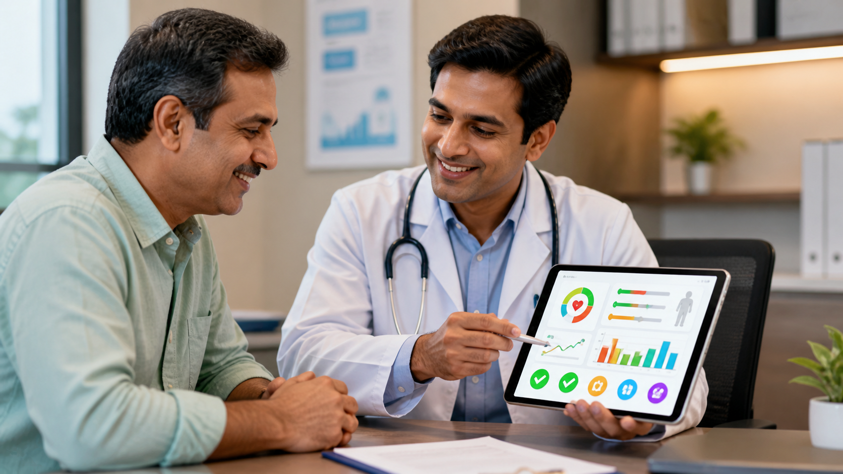 An Indian doctor explaining an AI-based lab report analysis on a digital tablet to a patient, highlighting clear health report understanding and improved patient communication.