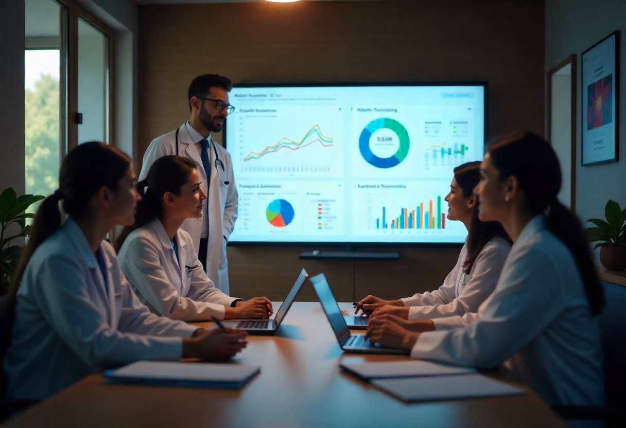 A group of doctors gathered in a meeting room, discussing while a large screen displays information.