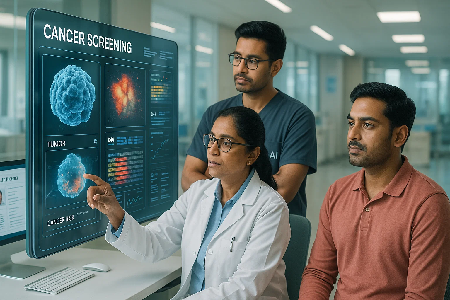 Three individuals in a room attentively viewing a computer screen displaying information about cancer.