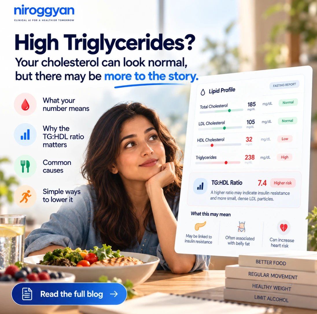 NirogGyan lipid profile card showing total cholesterol 185 and LDL 105 as normal, but HDL 32 low, triglycerides 238 high and a TG:HDL ratio of 7.4 flagged as higher risk, under the headline: High triglycerides? Your cholesterol can look normal, but there may be more to the story