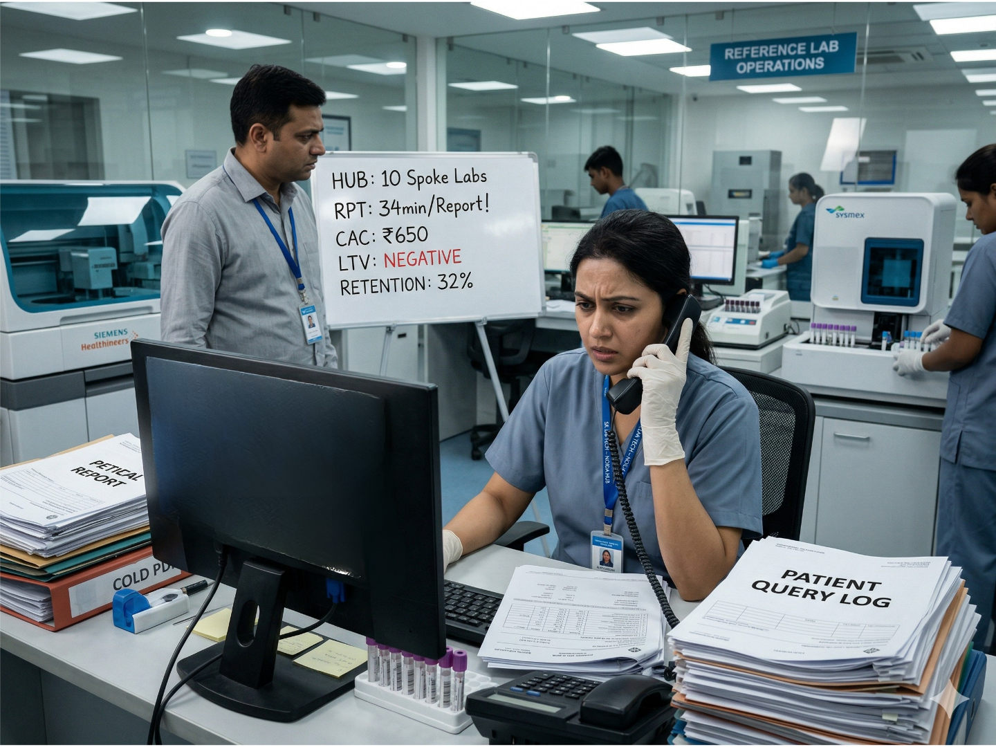 Stressed staff in a diagnostic lab hub managing high patient query logs and operational friction. A whiteboard shows negative LTV and high CAC, illustrating the crisis in traditional medical reporting and the need for smart patient retention strategies.