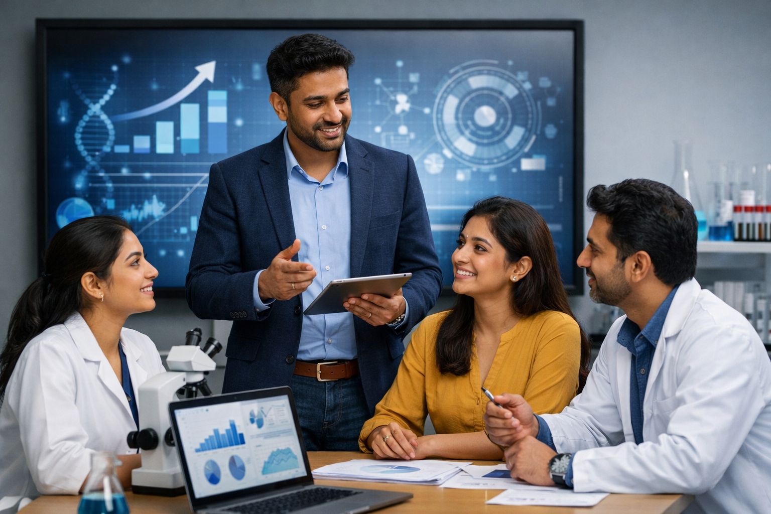 A professional presents data to a team of scientists in a high-tech lab with growth charts 