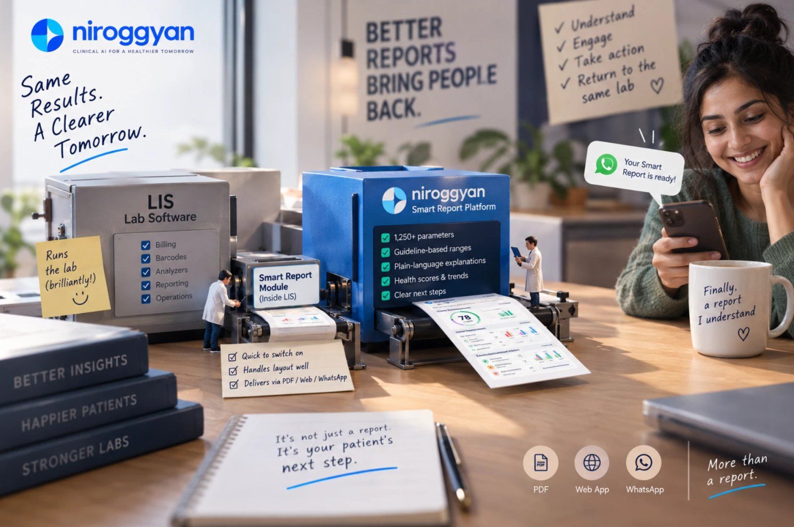 Same results, a clearer tomorrow: LIS lab software with a Smart Report module compared to the NirogGyan Smart Report Platform with 1,250+ parameters, guideline-based ranges, plain-language explanations and health scores, delivered via PDF, web and WhatsApp