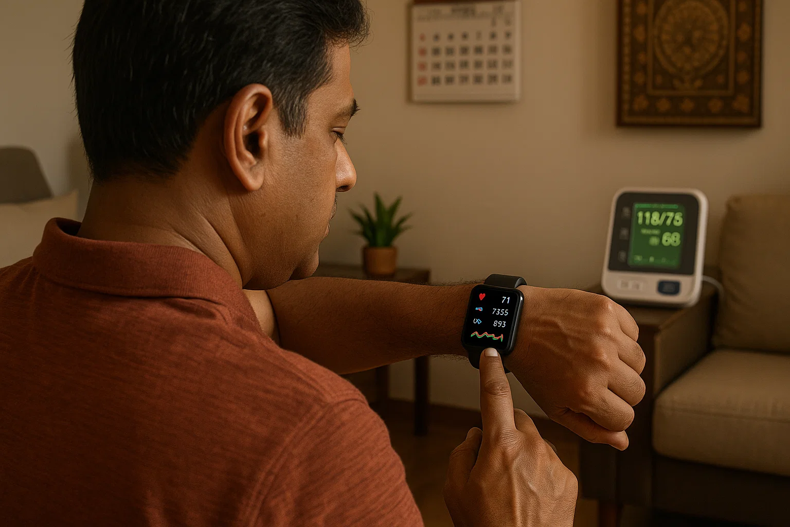 A man checking his health data on his Apple Watch while indoors.