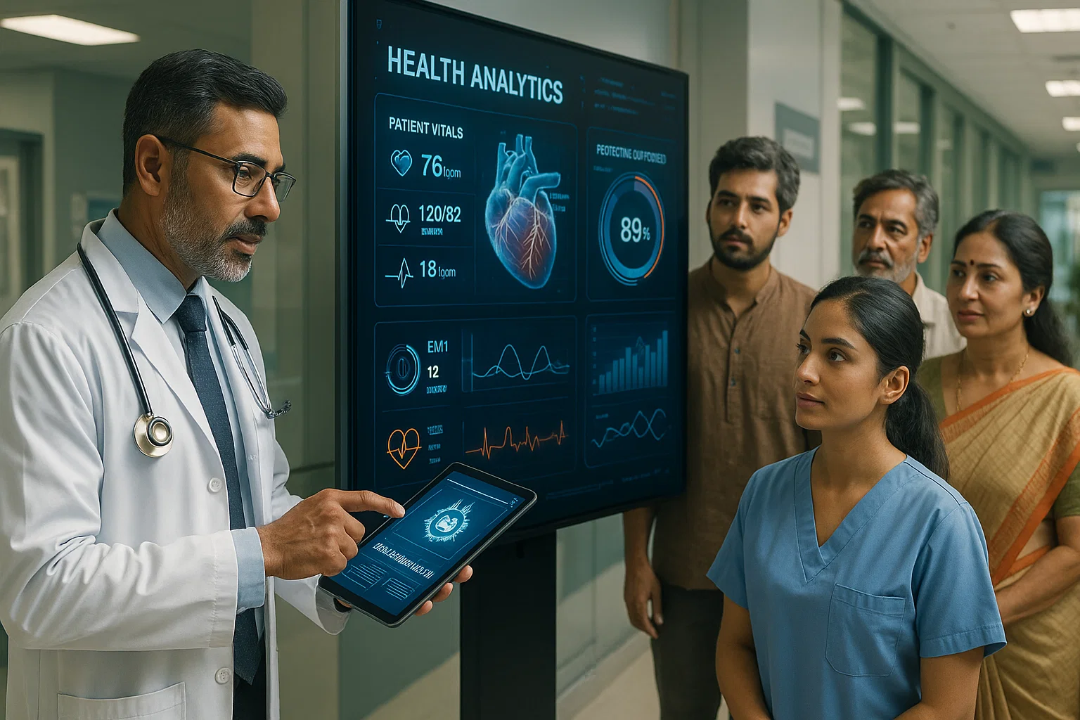 A group of doctors and nurses collaboratively reviewing information on a tablet computer in a medical setting.