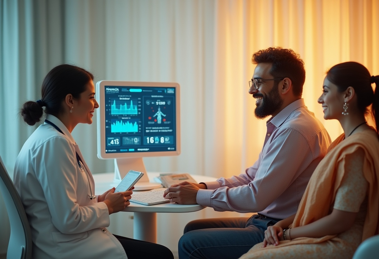 A doctor discusses health information with a patient in a room featuring a computer screen.