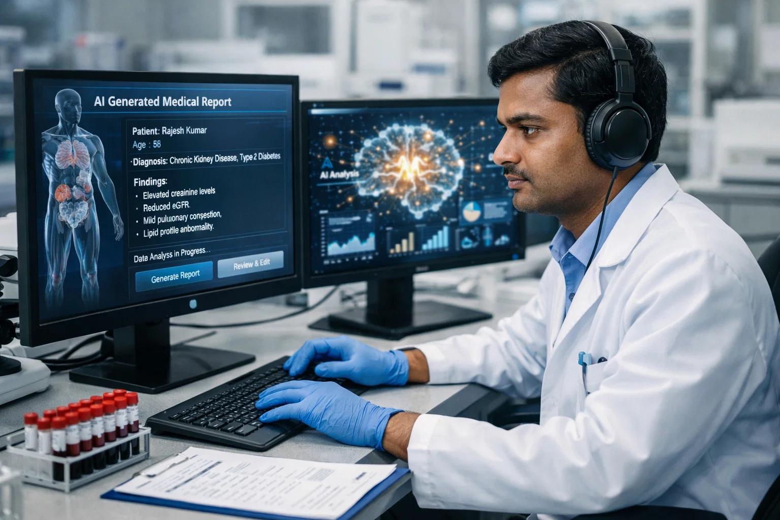 a lab technician generating reports using AI