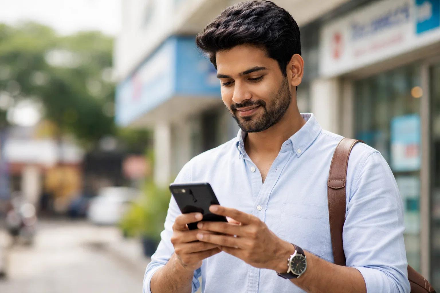 an indian guy checking for a diagnostic centre in his mobile phone